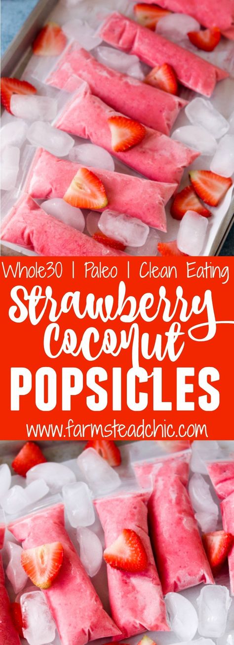 These Paleo Strawberry Coconut Popsicles are the perfect summer treat. Made with Whole30-compliant ingredients like strawberries, coconut milk, pineapple juice and OJ, they are healthy yet incredibly tasty. Dairy free, vegan and vegetarian-friendly. Coconut Popsicles, Free Fruit, Recipe 30, Paleo Snacks, Popsicle Recipes, Paleo Whole 30, Paleo Dessert, Whole 30 Recipes, Pineapple Juice