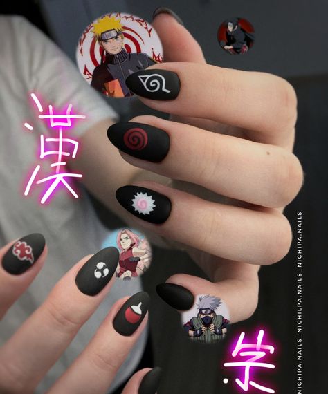 Anime Nail Inspo Simple, Naruto Themed Nails, Itachi Nails Design, Short Anime Nails, Subtle Anime Nails, Kakashi Nails, Sasuke Nails, Naruto Inspired Nails, Anime Nail Art Designs