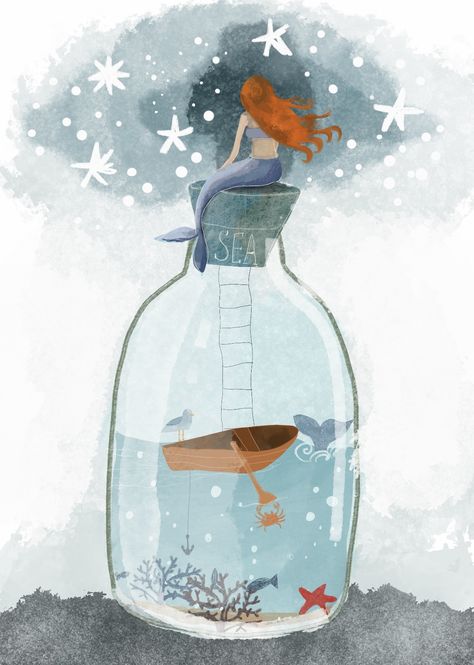 Mermaid In A Bottle, Travel Clipart, Bottle Drawing, Object Drawing, Boat Art, Wave Art, Fantasy Paintings, Surf Art, Character Design Animation