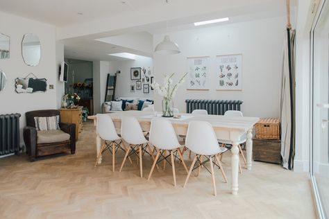 Scaffold Board Table And Eiffel Style Chairs - A Modern Country Farrow Kitchen Modern Country, Parquet Flooring Kitchen Diner, Heart Room, Farrow And Ball Kitchen, Modern Country Kitchens, Oak Parquet, Eiffel Chair, Oak Parquet Flooring, Modern Kitchen Tables