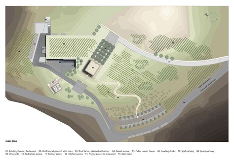 IXSIR  Winery / Raed Abillama Architects Warehouse Floor Plan, Wineries Architecture, Plot Plan, Wine Making Process, Architectural Presentation, Wine House, Site Plans, House Restaurant, Architecture Presentation