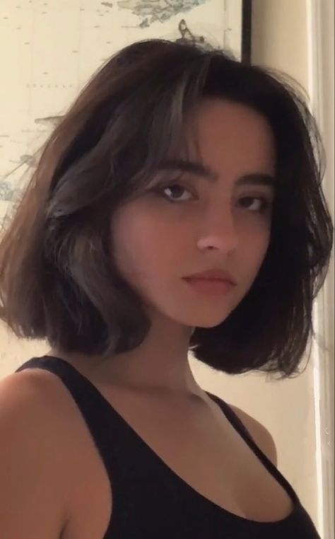 Short Haircuts With Straight Hair, Chin Length Bob Dark Hair, Short Brown Hair Side Bangs, Short Hairstyle Women Round Face Thick Wavy Hair, Short Hair Women Square Face, Short Dark Thick Hair, Side Bangs Short Hair Straight, Short Hair Layers Unstyled, Square Chin Hairstyles