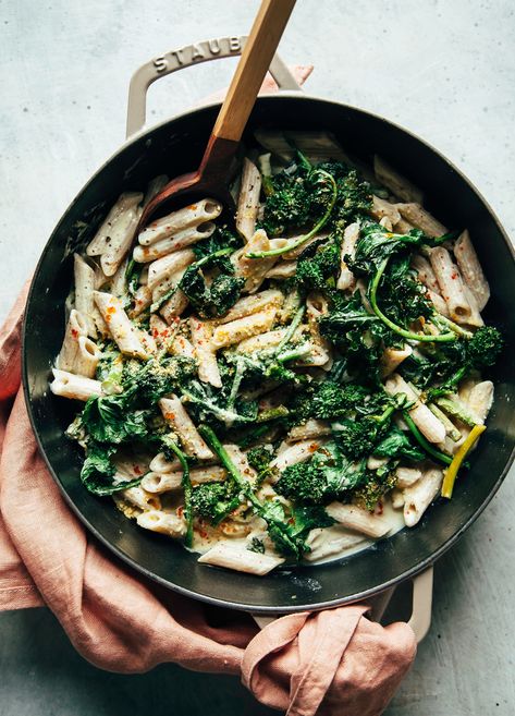 Creamy Truffle Pasta w/ Balsamic-Roasted Broccoli Rabe | The First Mess Broccoli Rabe Recipe, Meatless Mains, Pasta Ideas, Truffle Pasta, Laura Wright, Bitter Greens, Broccoli Rabe, Pasta Sauces, Sauteed Vegetables