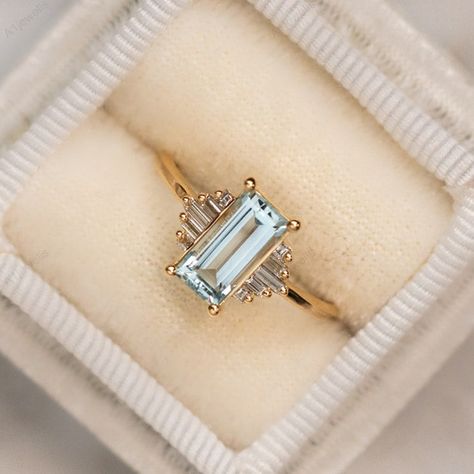 Light Blue Emerald Cut Ring, Engagement Ring Vs Wedding Ring, Aquamarine And Diamond Engagement Ring, Tapered Baguette Engagement Ring, Aquamarine Engagement Rings, Jewelry Modeling, Fantasy Rings, Art Deco Jewelry Rings, Engagement Ring Aquamarine