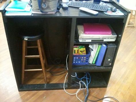 GOOD IDEA: DIY Standing Teacher Desk - This is just the business side. From the front, it's a fairly unobtrusive podium. (Click through to see pics taken from additional angles.) LOVE this podium!  Would just need to be painted really cute :) Teacher Document Camera Desk, Document Camera Classroom Setup, Standing Teacher Desk, Classroom Podium, Teacher Podium, Drawing Dimensions, Teacher Desk Organization, Teacher's Desk, Dance Education