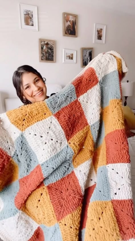 Big Blankets Crochet, Couch Blanket Crochet, Quick Granny Square Crochet Blanket, Fuzzy Granny Square Blanket, Crochet Blanket Patterns Quick, Full Size Crochet Blanket, Beginner Crochet Projects Blankets Free, Plush Blanket Crochet Pattern, Crochet Granny Square Lap Blanket