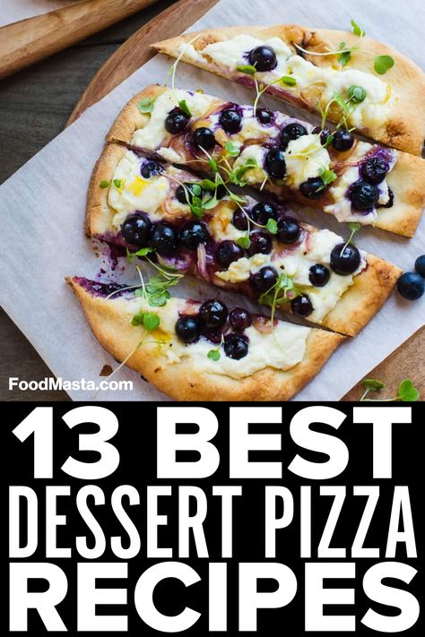 Cool off with a sweet treat this summer! These 13 fun and creative dessert pizza recipes are sure to be refreshing additions to your summer parties. With fruity, chocolatey, sticky and sweet options, these handheld pies make summer entertaining easy. Flatbread Dessert Recipes, Desert Pizza Recipes Simple, Summer Pizza Recipes, Dessert Pizza With Pizza Dough, Wood Fire Pizza Recipes, Dessert Pizza Ideas, Desert Pizza Recipes, Flatbread Pizza Toppings, Dessert Pizza Recipe Easy