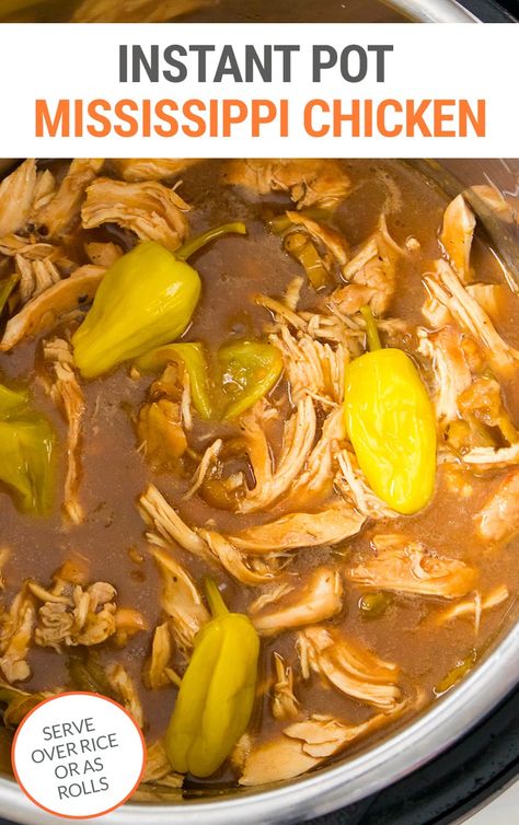 Succulent and tender, drenched in a delicious savory gravy, this Instant Pot Mississippi chicken will be a hit with the whole family. Serve this pressure cooker chicken Mississippi pot roast with potatoes, rice or pasta or sandwiched between soft bread rolls with gravy drippings. Dinner Ideas Instant Pot Chicken, Instapot Mississippi Chicken Recipes, Instant Pot Mississippi Chicken Recipes, Missippi Chicken Instant Pot, Insta Pot Missippi Chicken, Chicken Comfort Food Recipes Instant Pot, Chicken With Au Jus Gravy, Pressure Cooker Mississippi Chicken, Instant Pot Recipes Chicken And Gravy