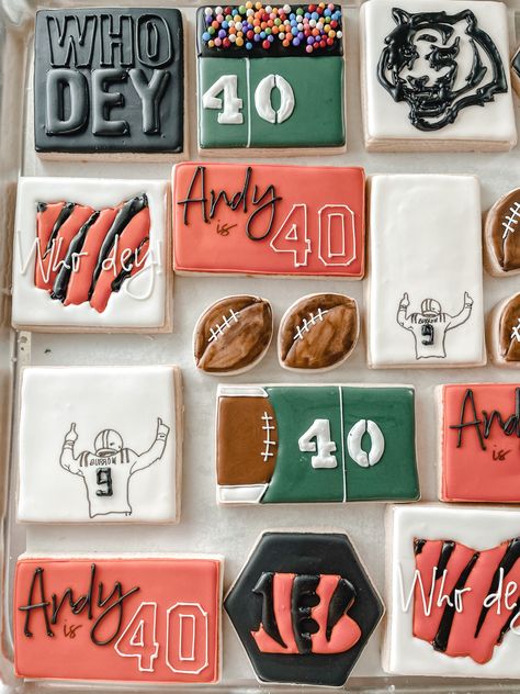 Football theme birthday cookies in Northern Kentucky. Nfl Cookies, Football Birthday Cookies, Football Sugar Cookies, Football Theme Birthday, Football Cookies, Cookie Hacks, Brown Sugar Cookies, Sport Cakes, Football Themes