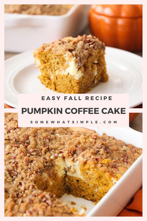 This pumpkin cream cheese coffee cake is so deliciously indulgent! Tender pumpkin cake with a sweet cheesecake layer, topped with a cinnamon pecan streusel. Made with cream cheese and pumpkin puree this coffee cake is going to knock your socks off! #pumpkincoffeecake #pumpkincreamcheesecoffeecake #falldesserts #easypumpkindessert #easypumpkincoffeecake via @somewhatsimple Easy Pumpkin Coffee Cake With Streusel, Layered Pumpkin Coffee Cake, Pumpkin Desserts Cream Cheese, Bisquick Pumpkin Coffee Cake, Cream Cheese Pumpkin Recipes, Recipes Made With Pumpkin Puree, Cream Cheese Pumpkin Coffee Cake, Pumpkin Cream Cheese Crumb Cake, Pumpkin Cheesecake Coffee Cake