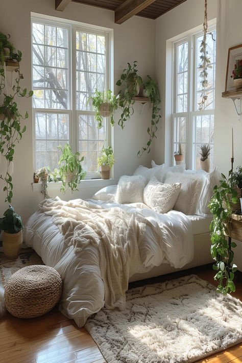 A cozy white bedroom filled with plants, featuring soft bedding and large windows. White Cozy Room Aesthetic, White Nature Bedroom, Soft Natural Bedroom, Bedroom Inspo White Furniture, All White Bedroom With Plants, White Plant Room, White Nature Aesthetic Room, White Room With Plants, Minimalist Plant Bedroom