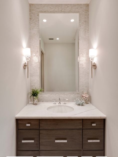 Tile on wall behind large mirror; Sconces on each side. Powder Room Ideas Modern, Zen Interior Design, Half Bath Remodel, Powder Room Remodel, Zen Interiors, Pearl Tile, Bad Inspiration, Powder Room Design, Décor Boho