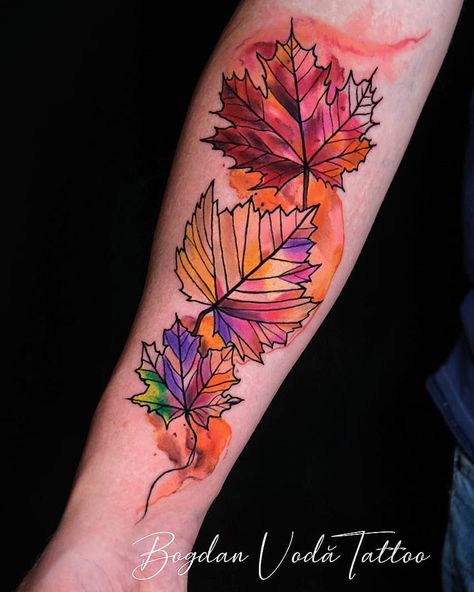 Falling Leaves Tattoo, Autumn Tattoos, Watercolour Tattoo, Maple Leaf Tattoos, Fall Leaves Tattoo, Pagan Tattoo, Autumn Tattoo, Sleeves Ideas, Fall Watercolor