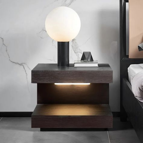 This Modern C-shaped Wooden Nightstand has an inviting appeal to it. The wood texture creates an understated appearance while the C-shaped structure is an instant eye-catcher wherever you intended to place it. With a drawer at the top along with hidden light, this Modern C-shaped Wooden Nightstand can create a looming vibe at night for your to sleep smoothly. The sensing light is USB charged and one full charge can last for 20 days. Specifications Material: MDF Dimension: 40.6cmH x 50.5cmW x 40. Wooden Bed Side Table, Bed Side Table Design, Bedside Table Size, Hidden Light, Bedside Table Design, Прикроватные Тумбочки, Wood Bedside Table, Modern Bedside Table, Wooden Nightstand