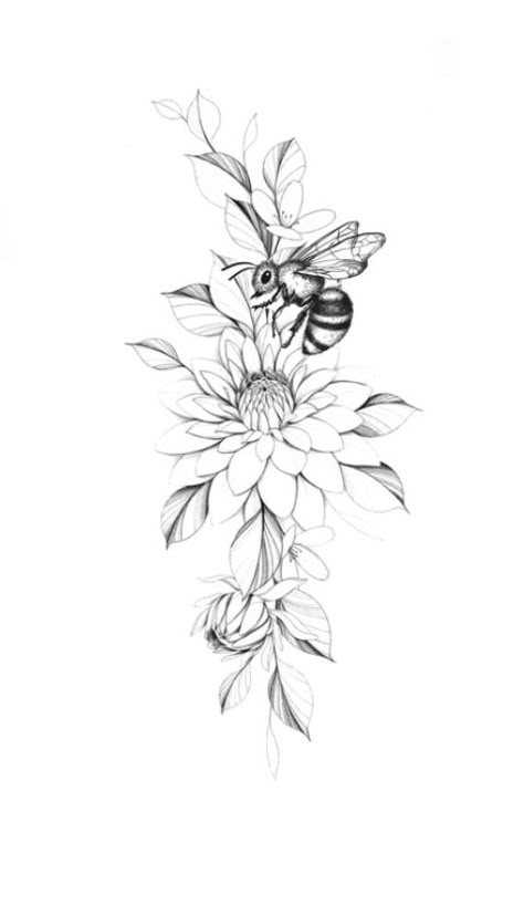 Bee Spine Tattoos For Women, Butterfly Bee Flower Tattoo, Lily And Bee Tattoo, Bees On Flowers Tattoo, Bee And Floral Tattoo, Bumble Bee Flower Tattoo, Flowers With Bees Tattoo, Floral Bee Tattoo Design, Bee Spine Tattoo