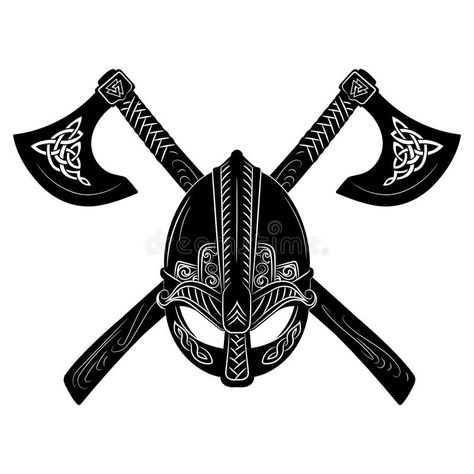 Viking helmet, crossed viking axes and Scandinavian pattern. Vector illustration , #Ad, #crossed, #viking, #Viking, #helmet, #axes #ad Viking Axes, Viking Helmet, Axes, Tattoo Art, White, Art