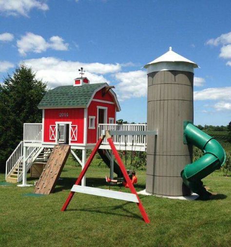 Farmhouse playset with silo slide Backyard Playset, Build A Playhouse, Kids Outdoor Play, Playhouse Outdoor, Play Yard, Jungle Gym, Backyard Playground, Backyard Play, Kids Playhouse