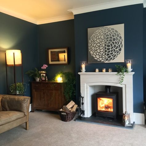 Teal Wall White Fireplace, Teal Sitting Room Ideas, Midnight Teal Dulux Heritage, Midnight Teal Living Room, Dulux Midnight Teal, Heritage Blue Paint, Dulux Sapphire Salute Living Rooms, Midnight Blue Living Room Ideas, Teal Sitting Room