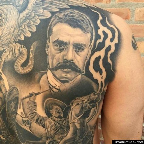 Emilio Zapata Tattoo, Mexican Revolution Tattoo, Zapata Tattoo, Mexican Tattoo Ideas For Men, Poncho Villa, Street Tattoos, Revolution Tattoo, Mexican Heroes, Aztec Warrior Tattoo