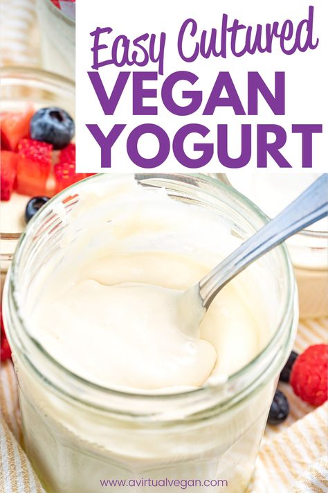 Make an incredibly easy and delicious vegan yogurt with this simple recipe. It's thick, creamy, and perfect when dolloped on fruit or dessert! This recipe can be made with an Instant Pot or without, and it's made from simple ingredients with no gums or thickeners. #homemadeyogurt #vegan #veganyogurt #recipe #breakfast #dessert #instantpot Raw Vegan Yogurt, Vegan Yoghurt Recipe, Vegan Miracle Whip Recipe, Vegan Greek Yogurt Recipe, Oat Yogurt, Vegan Yogurt Recipe, Vegan Yoghurt, Vegan Greek Yogurt, Instant Pot Yogurt