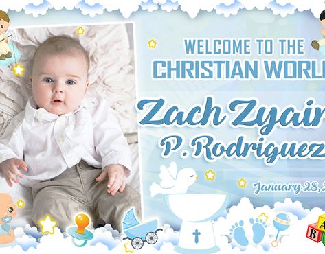 Welcome To Christian World Tarpaulin, Blue Birthday Themes, Tarpaulin Layout, Baby Dedication Invitation, Dedication Invitations, Christening Banner, Tarpaulin Design, Christening Invitations Boy, Baby Boy Invitations