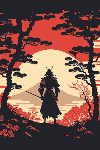 Ninja Background, Japanese Inspired Painting, Japanese Art Traditional, Samurai Silhouette, Samurai Painting, Anime Silhouette, Color Experiment, Bushido Code, Majestic Landscape