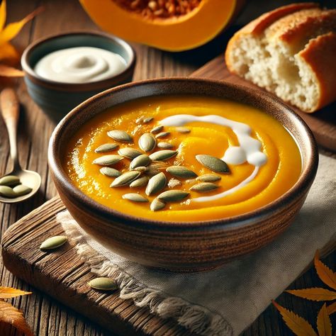 🍂 Dish: Creamy Pumpkin Soup Warm up during the fall with a comforting bowl of creamy pumpkin soup. It’s made with roasted pumpkin, onions, garlic, and a blend of spices like cinnamon and nutmeg. 👩‍🍳 Pro Tip: Top the soup with roasted pumpkin seeds and a drizzle of cream for extra texture and richness. Meal Prep Family, 100k Youtube, Baking Dessert Recipes, Recipes Meal Prep, Healthy Recipes Easy, Creamy Pumpkin Soup, Fresh Pumpkin, Roasted Pumpkin, Roasted Pumpkin Seeds