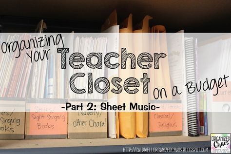 music teaching ideas | single parent tips | home organization ideas | elementary music lesson plans | printable planners | world music lessons Music Room Storage, Sheet Music Storage, Music Classroom Organization, Closet On A Budget, Elementary Choir, Music Lesson Plans Elementary, Music Education Activities, Music Education Games, Music Classroom Decor