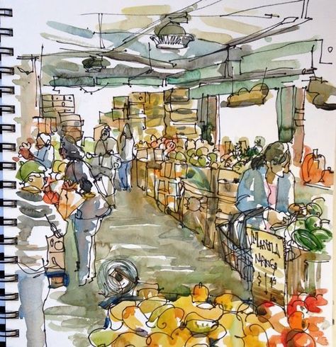 Mountain View California, Milk Pail, Fruit Market, Canada City, Observational Drawing, Watercolor Journal, Artist Sketchbook, Travel Sketches, Watercolor Sketchbook