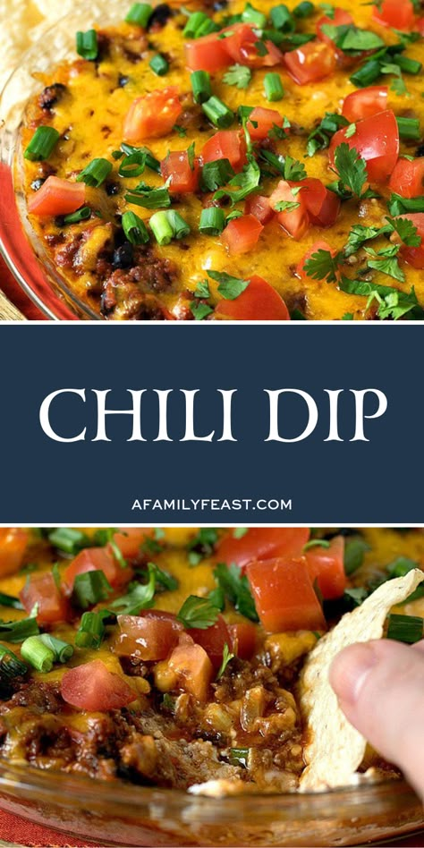 This crazy-good Chili Dip appetizer is one decadent layer after another of cream cheese, shredded Monterey Jack, scallions, chili, and shredded cheddar cheese – all flavors that perfectly complement each other.  Then it's baked until warm and melted, and finally topped with fresh diced tomatoes, cilantro and sprinkles of more scallions before serving. #chilidip #appetizer Chili Cheese Appetizer, Chili Dip With Cream Cheese, Chili Appetizer, Cream Cheese Chili Dip, Chili Dip Recipes, Chili Cheese Dip Recipes, Top Appetizers, Chili Cheese Dip, Chili Cheese Dips