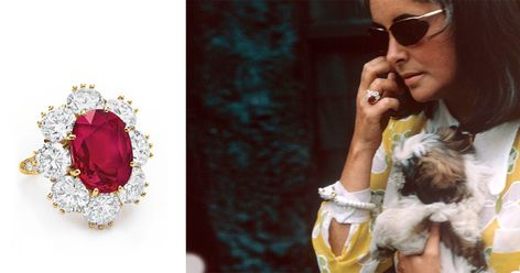 The ruby ring Elizabeth Taylor received from Richard Burton as a Christmas stocking stuffer in 1968. Elizabeth Taylor Ring, Classy Rings, Elizabeth Taylor Jewelry, Pokemon Jewelry, Hollywood Jewelry, Gold Infinity Ring, Gold Wrap Ring, Richard Burton, Taylor S