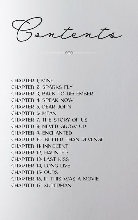 I made this concept for Speak Now: A Novel by Taylor Swift on Canva. I created the front cover, title page, contents page, the first chapter, back cover, and mockups. Table Of Contents Aesthetic, Contents Page, Last Kiss, Speak Now, Dear John, Chapter 16, Never Grow Up, Content Page, Table Of Contents