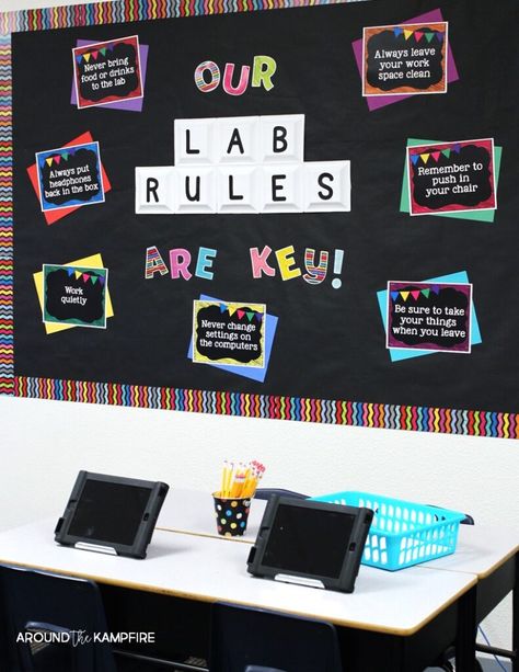 Computer Lab Headphone Storage, Ict Lab Decorations, Computer Classroom Decor Ideas, Computer Classroom Design, Technology Classroom Decor, Computer Lab Bulletin Board Ideas, Computer Lab Design, Computer Lab Rules, Lab Rules