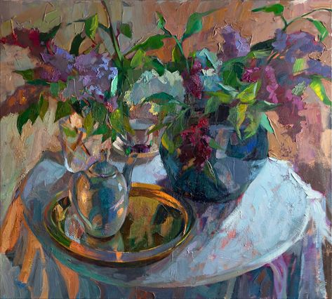 Still life painting with lilac in a vase, a teapot and a teacup on the table Elena Morozova, Tea Painting, Sunflower Sketches, Teacup Flowers, Yellow Peonies, Peach Peonies, Sweet Pea Flowers, Still Life Paintings, Still Life Flowers