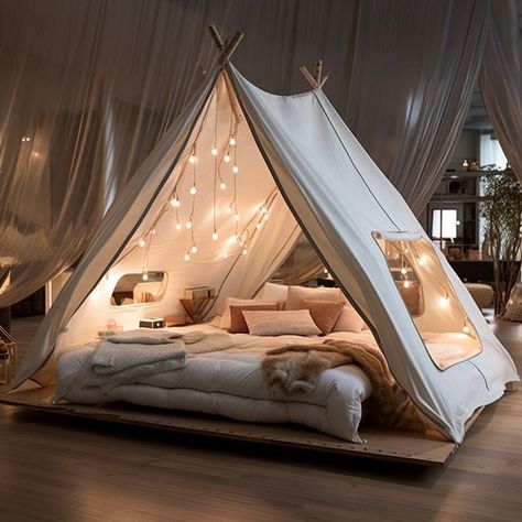 Ecosapiens on Instagram: "A tent-inspired bed is a whimsical and cozy sleeping haven that brings the spirit of outdoor adventure into your bedroom. This unique bed design combines the comfort of a traditional bed with the charm and nostalgia of camping. The bed frame often features a canopy or top cover made of fabric that mimics the appearance of a tent, complete with zipper entrances and mesh windows for an authentic touch. Conceptual AI Art Follow @ecosapiens for more!" Unique Bed Design, Unique Bed, Canopy Bed Frame, Blanket Fort, Bed Tent, Traditional Bed, Canopy Bed, Canopy Tent, Outdoor Adventure