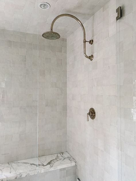 Moroccan zellige tile. Moroccan Zellige Tile Bathroom, Sarah Solis, Zellige Tile Bathroom, Gray Bathrooms, Shower Vibes, Moroccan Zellige, Built In Banquette, Rustic Modern Farmhouse, Saranac Lake