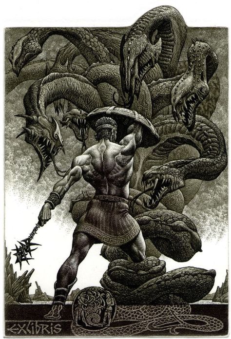 Herakles and Hydra, etching by Julian Jordanov (bookplate) Hercules Tattoo, Greek Mythology Tattoos, God Tattoos, Mythology Tattoos, Greek Tattoos, Greek And Roman Mythology, Greek Mythology Art, Mythology Art, Greek Art