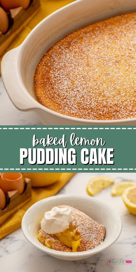 Made with simple ingredients and kissed with the sweet-tart flavor of fresh lemons, this light and creamy Baked Lemon Pudding Cake is a delicious cross between pudding and cake. Lemon Pudding Cake Recipe, Recipes With Lemon Pudding, Cakes With Pudding, Lemon Rice Pudding, Fresh Lemon Dessert Recipes, Baked Lemon Pudding, Summer Pudding Desserts, Sticky Lemon Pudding, Lemon Desserts Easy Puddings