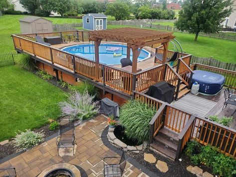 Above Ground Pool Layout, Gazebo Pool Ideas, Patio To Above Ground Pool Transition, 2 Level Deck Ideas With Pool, Pool Deck Connected To House, Above Ground Pool With Gazebo, Above Ground Pool And Deck, Diy Deck Around Above Ground Pool, Above Ground Pool And Hot Tub Deck Ideas