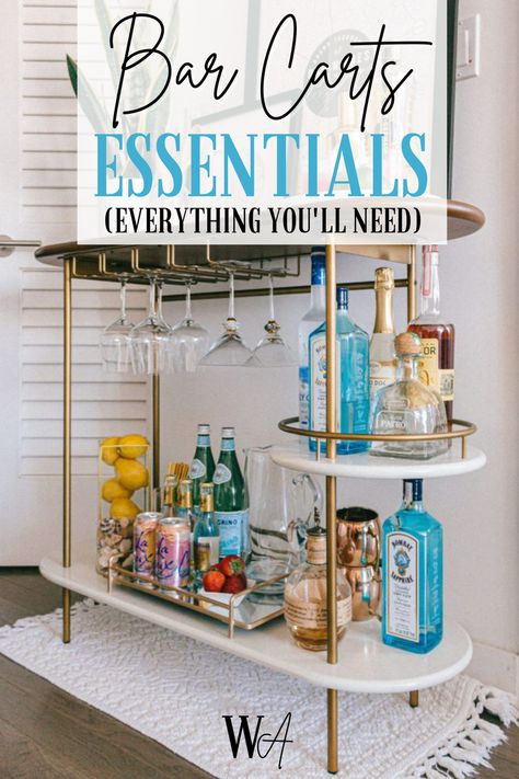 Get ready to impress your guests with a stylish and functional bar cart, complete with these essentials. Small Bar Cart, College Apartment Aesthetic, Bar Cart Inspo, Drinks Cart, Bar Cart Essentials, Cocktail Bar Cart, Coffee Bar Cart, Apartment Bar, Drink Tray