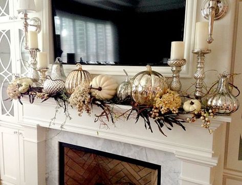 Fall Decor Tips Home Tour - Randi Garrett Design. Mercury glass pumpkins and white pillar candles. Mercury Glass Pumpkins, Mercury Glass Decor, Halloween Mantel Decor, Fall Mantle Decor, Fall Fireplace, Halloween Mantel, White Pillar Candles, Fall Mantle, Rustic Fall Decor