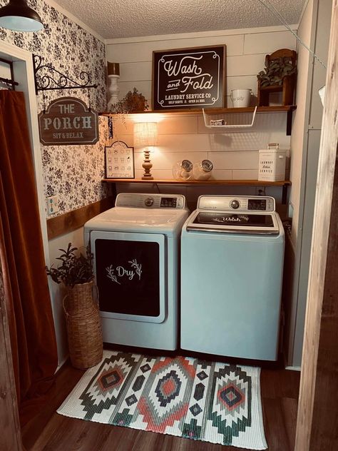 Single Wide Trailer Laundry Room, Room Decor Relaxing, Single Wife Trailer Living Room, Diy Home Improvement Mobile Home, Remodeling Single Wide Trailer Ideas, Diy Farmhouse Makeover, Single Wide Laundry Room, Mobile Home Laundry Room Small Spaces, Aztec Laundry Room