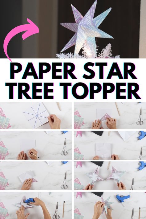 How to make a simple 3D Christmas tree topper out of paper. Home Made Tree Topper, Origami Tree Topper, Paper Christmas Tree Topper, Christmas Tree Star Topper Diy 3d Paper, Diy Christmas Tree Star Topper Kids, Paper Star Tree Topper, Paper Tree Topper, Diy Christmas Tree Toppers Ideas Simple, Diy Star For Christmas Tree Topper