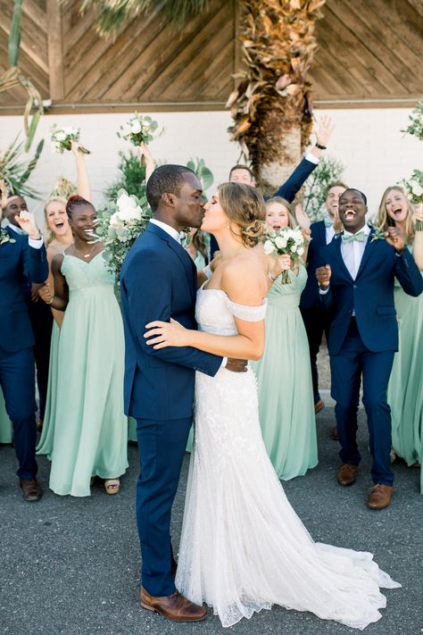 Sage Green Navy Wedding Theme, Dusty Sage Bridesmaid Dresses With Navy Suits, Sage And Dark Blue Wedding, Navy And Sage Suit Wedding, Sage Green Bridesmaid Blue Groomsmen, Navy And Moss Green Wedding, Blue Suit With Green Dress, Mint Green And Navy Blue Wedding, Dark Navy Suit Wedding Color Combos