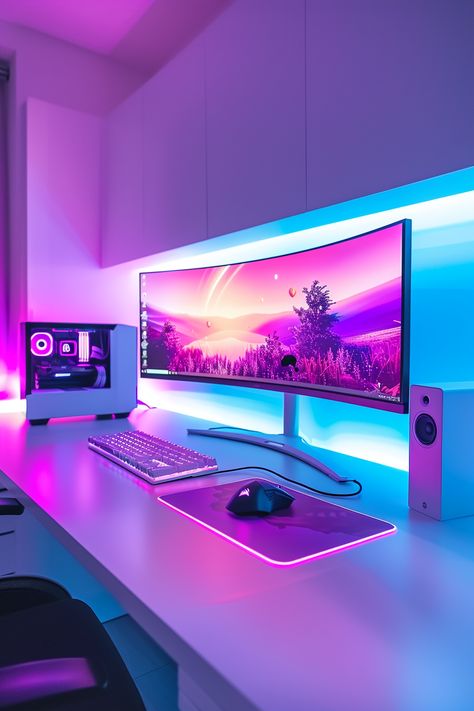 A white desk with an all-white gaming PC, a large curved monitor and two small speakers on the side of it. White Desk Setup, Gaming Corner, Uni Essentials, Purple Led Lights, Curved Monitor, Gaming Rooms, Best Gaming Setup, Season Aesthetic, Pc Gaming Setup