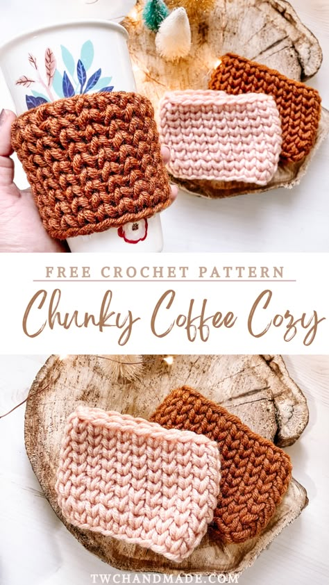 Chunky Coffee Cozy-Crochet Pattern - Tender Warm Creations Fall Mug Cozy Crochet, Chunky Crochet Coffee Cozy, Yarn And Coffee, Crochet Fall Cup Sleeve, Crochet Mug Cozy Patterns Free, Free Coffee Cozy Crochet Pattern, Crochet Coffee Sleeve Pattern, Crochet Fall Cup Cozy, Crochet Fall Cup Cozy Free Pattern