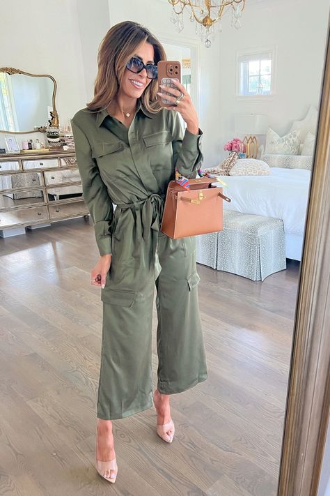 Olive Jumpsuit Outfit, Emily Ann Gemma, Olive Jumpsuit, Emily Ann, Long Pant Jumpsuit, Pants Jumpsuit, Night Work, Walmart Fashion, Satin Jumpsuit