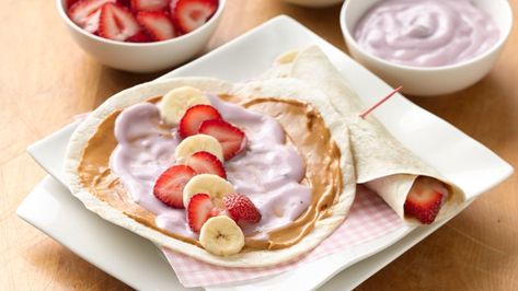 Fruit and Yogurt Wraps Recipe - Pillsbury.com Yoplait Yogurt, Sliced Fruit, Healthy Afternoon Snacks, Afternoon Snack, Fun Snacks For Kids, Köstliche Desserts, School Snacks, Flour Tortillas, Wrap Recipes