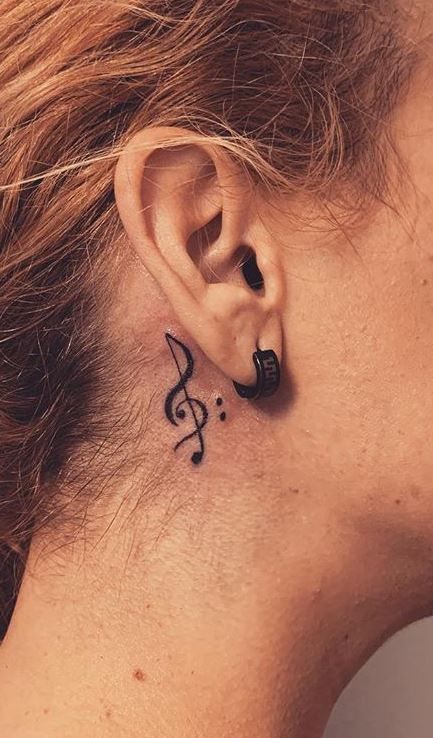 G59 Tattoos Behind Ear, Music Tattoo Designs Behind Ear, Behind The Ear Tattoo Ideas Music, Ear Music Tattoo, Music Behind Ear Tattoo, Music Ear Tattoo, Music Tattoo Behind Ear, Small Behind Ear Tattoo, Tattoo In Ear