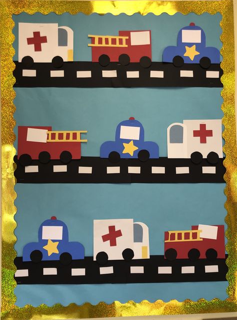 Emergency vehicles bulletin board Police Bulletin Board Ideas, Ambulance Eyfs Activities, First Responders Preschool Activities, Community Helpers Bulletin Board Ideas, Emergency Vehicles Preschool Activities, Community Helpers Bulletin Board, Preschool Transportation Crafts, Fire Safety Preschool Crafts, Preschool Community Helpers Theme